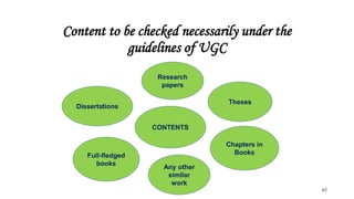 Content to be checked necessarily under the
guidelines of UGC
CONTENTS
Theses
Chapters in
Books
Any other
similar
work
Full-fledged
books
Dissertations
Research
papers
62
 