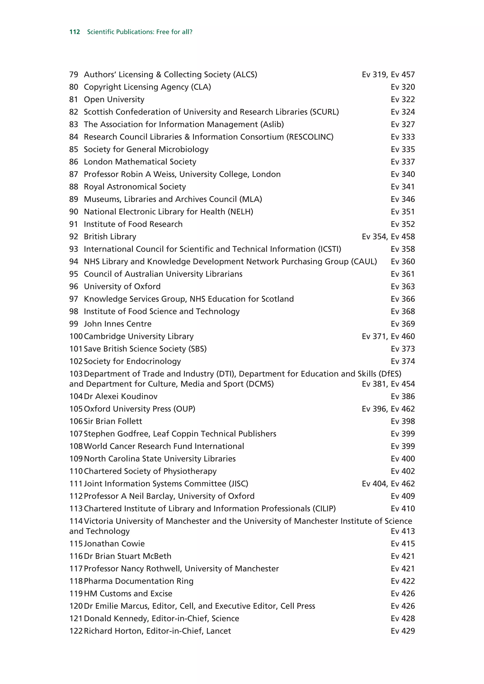 112   Scientific Publications: Free for all?




79 Authors’ Licensing & Collecting Society (ALCS)                            Ev 319, Ev 457
80 Copyright Licensing Agency (CLA)                                                  Ev 320
81 Open University                                                                   Ev 322
82 Scottish Confederation of University and Research Libraries (SCURL)               Ev 324
83 The Association for Information Management (Aslib)                                Ev 327
84 Research Council Libraries & Information Consortium (RESCOLINC)                   Ev 333
85 Society for General Microbiology                                                  Ev 335
86 London Mathematical Society                                                       Ev 337
87 Professor Robin A Weiss, University College, London                               Ev 340
88 Royal Astronomical Society                                                        Ev 341
89 Museums, Libraries and Archives Council (MLA)                                     Ev 346
90 National Electronic Library for Health (NELH)                                     Ev 351
91 Institute of Food Research                                                        Ev 352
92 British Library                                                           Ev 354, Ev 458
93 International Council for Scientific and Technical Information (ICSTI)            Ev 358
94 NHS Library and Knowledge Development Network Purchasing Group (CAUL)             Ev 360
95 Council of Australian University Librarians                                       Ev 361
96 University of Oxford                                                              Ev 363
97 Knowledge Services Group, NHS Education for Scotland                              Ev 366
98 Institute of Food Science and Technology                                          Ev 368
99 John Innes Centre                                                                 Ev 369
100 Cambridge University Library                                             Ev 371, Ev 460
101 Save British Science Society (SBS)                                               Ev 373
102 Society for Endocrinology                                                        Ev 374
103 Department of Trade and Industry (DTI), Department for Education and Skills (DfES)
and Department for Culture, Media and Sport (DCMS)                        Ev 381, Ev 454
104 Dr Alexei Koudinov                                                               Ev 386
105 Oxford University Press (OUP)                                            Ev 396, Ev 462
106 Sir Brian Follett                                                                Ev 398
107 Stephen Godfree, Leaf Coppin Technical Publishers                                Ev 399
108 World Cancer Research Fund International                                         Ev 399
109 North Carolina State University Libraries                                        Ev 400
110 Chartered Society of Physiotherapy                                               Ev 402
111 Joint Information Systems Committee (JISC)                               Ev 404, Ev 462
112 Professor A Neil Barclay, University of Oxford                                   Ev 409
113 Chartered Institute of Library and Information Professionals (CILIP)             Ev 410
114 Victoria University of Manchester and the University of Manchester Institute of Science
and Technology                                                                        Ev 413
115 Jonathan Cowie                                                                   Ev 415
116 Dr Brian Stuart McBeth                                                           Ev 421
117 Professor Nancy Rothwell, University of Manchester                               Ev 421
118 Pharma Documentation Ring                                                        Ev 422
119 HM Customs and Excise                                                            Ev 426
120 Dr Emilie Marcus, Editor, Cell, and Executive Editor, Cell Press                 Ev 426
121 Donald Kennedy, Editor-in-Chief, Science                                         Ev 428
122 Richard Horton, Editor-in-Chief, Lancet                                          Ev 429
 