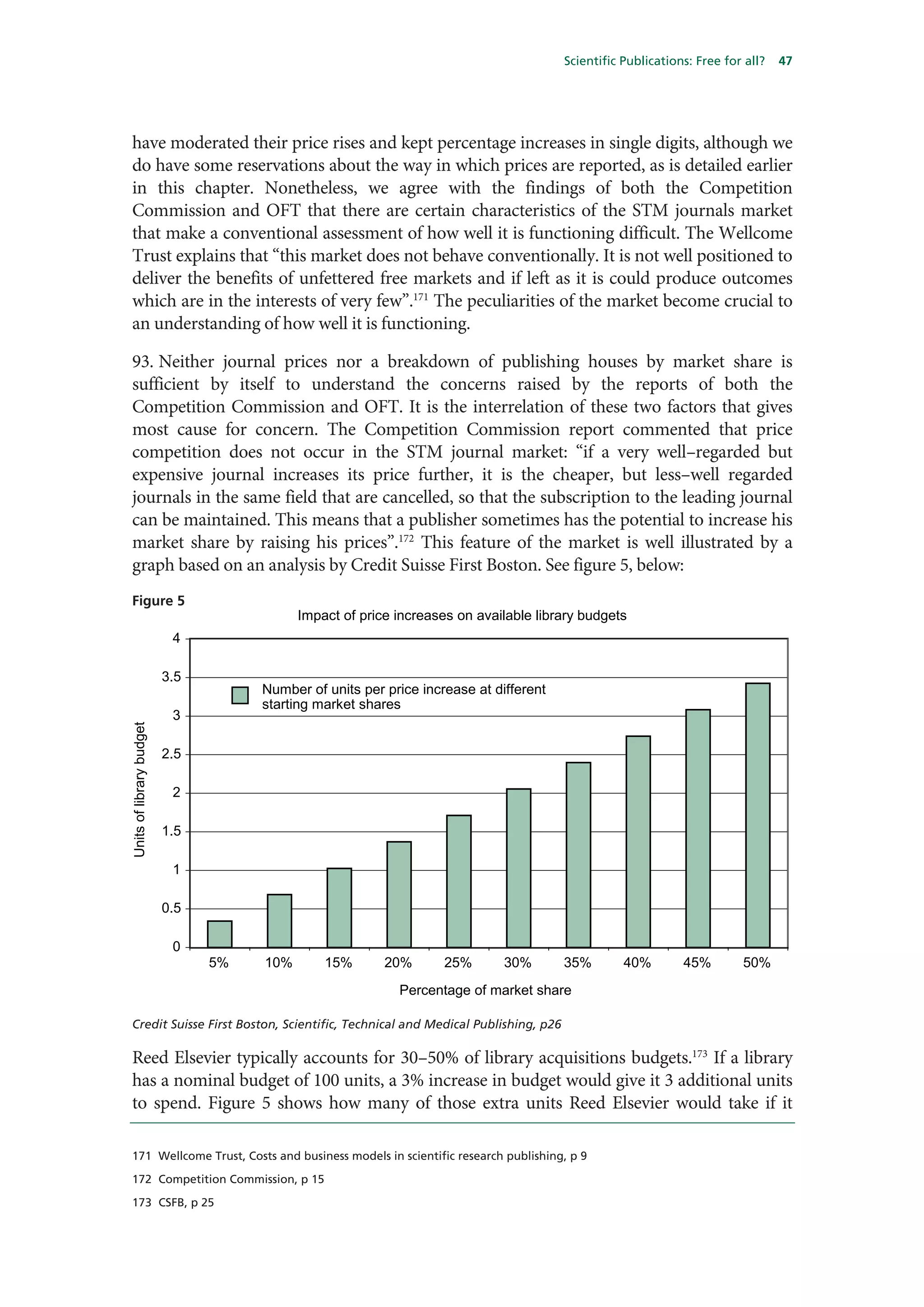 Scientific Publications: Free for all?   47




have moderated their price rises and kept percentage increases in single digits, although we
do have some reservations about the way in which prices are reported, as is detailed earlier
in this chapter. Nonetheless, we agree with the findings of both the Competition
Commission and OFT that there are certain characteristics of the STM journals market
that make a conventional assessment of how well it is functioning difficult. The Wellcome
Trust explains that “this market does not behave conventionally. It is not well positioned to
deliver the benefits of unfettered free markets and if left as it is could produce outcomes
which are in the interests of very few”.171 The peculiarities of the market become crucial to
an understanding of how well it is functioning.

93. Neither journal prices nor a breakdown of publishing houses by market share is
sufficient by itself to understand the concerns raised by the reports of both the
Competition Commission and OFT. It is the interrelation of these two factors that gives
most cause for concern. The Competition Commission report commented that price
competition does not occur in the STM journal market: “if a very well–regarded but
expensive journal increases its price further, it is the cheaper, but less–well regarded
journals in the same field that are cancelled, so that the subscription to the leading journal
can be maintained. This means that a publisher sometimes has the potential to increase his
market share by raising his prices”.172 This feature of the market is well illustrated by a
graph based on an analysis by Credit Suisse First Boston. See figure 5, below:
Figure 5
                                           Impact of price increases on available library budgets
                           4

                          3.5
                                     Number of units per price increase at different
                                     starting market shares
                           3
Units of library budget




                          2.5

                           2

                          1.5

                           1

                          0.5

                           0
                                5%   10%       15%       20%       25%       30%       35%        40%        45%        50%
                                                           Percentage of market share

Credit Suisse First Boston, Scientific, Technical and Medical Publishing, p26

Reed Elsevier typically accounts for 30–50% of library acquisitions budgets.173 If a library
has a nominal budget of 100 units, a 3% increase in budget would give it 3 additional units
to spend. Figure 5 shows how many of those extra units Reed Elsevier would take if it

171 Wellcome Trust, Costs and business models in scientific research publishing, p 9

172 Competition Commission, p 15

173 CSFB, p 25
 
