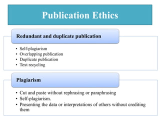 Publication Ethics
• Self-plagiarism
• Overlapping publication
• Duplicate publication
• Text recycling
Redundant and duplicate publication
• Cut and paste without rephrasing or paraphrasing
• Self-plagiarism.
• Presenting the data or interpretations of others without crediting
them
Plagiarism
 