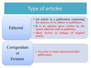 Type of articles
• An article in a publication expressing
the opinion of its editors or publishers.
• It is an opinion piece written by the
senior editorial staff or publisher.
• Short review or critique of original
article.
Editorial
• An error or errors discovered after
publication
Corrigendum
or
Erratum
 