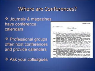Where are Conferences? Journals & magazines have conference calendars Professional groups often host conferences and provide calendars Ask your colleagues 