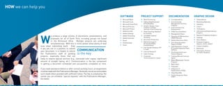 HOW we can help you

                                                                                                SOFTWARE                 PROJECT SUPPORT                     DOCUMENTATION                   GRAPHIC DESIGN
                                                                                                » Microsoft Word         » Word Processing                   » Correspondence                » Presentations
                                                                                                » Microsoft Excel        » Editing (Style/Grammar)           » Environmental                 » Marketing Materials
                                                                                                » Microsoft PowerPoint       & Proofreading                      Management Services         » Handouts
                                                                                                » Microsoft Access       »   Graphic Design; Cover               Program
                                                                                                                                                                                             » Covers
                                                                                                                             Creation; Creative              »   Environmental Site
                                                                                                » Microsoft Project          Services; Print Production          Assessments                 » CD Graphics
                                                                                                » Adobe Acrobat          »   Photo Scanning; Research        »   SH&E Documentation          » Informational/Organizational
                                                                                                » Adobe InDesign             & Licensing                     »                                   Graphics




                W
                                                                                                                                                                 Management Plans
                            e produce a large volume of documents, presentations, and           » Adobe Photoshop        »   CD-ROM Creation/                »   Operation & Maintenance
                                                                                                                                                                                             »   Banners/Tradeshow Graphics

                            proposals for all of Earth Tech, including groups not based         » Adobe Illustrator          Archiving                           (O&M) Manuals               »   Catalogs
                                                                                                » Quark                  »   Document Production             »   Quality Assurance Plans     »   Direct Mailers
                            in the Richmond office. Multiple projects are underway                                       »
                                                                                                » Dreamweaver                Marketing Support               »   Site Characterization       »   Proposal Graphics
                            simultaneously. With this in mind, please allow plenty of lead                                   (Proposals/SOQs/                                                    (figures, charts, tables)
                                                                                                » Flash                      Presentations)
                                                                                                                                                                 Reports (SCRs)
                                                                                                                                                                                             »
                time when submitting work. Even
                                                                                                                         »                                   »   Spill Prevention, Control       Custom Graphics
                if you are not in a position to submit
                                                                                                                             File Transfer (Intranet, FTP,       & Countermeasures Plans     »   Brochures
                your document, it is helpful to inform    COMMUNICATION                                                  »
                                                                                                                             E-mail)                             (SPCCs)
                                                                                                                                                                                             »   Information Packets
                                                                                                                             Internet Research               »
                the Publications staff of pending         is the key                                                     »   Color Printing
                                                                                                                                                                 Site Assessments and
                                                                                                                                                                 Closure Reports
                                                                                                                                                                                                 for Public Relations

                projects, especially those that are                                                                      »   Corporate                       »   Training Manuals (various
                                                                                                                             Communications Liaison              types)
                likely to require special services (e.g., oversized color copies, significant
                amount of straight typing, etc.). Communication is the key component
                                                                                                                                                             »   Water/Wastewater Facility
                                                                                                                                                                 Program
                in getting a document scheduled and successfully completed on time.                                                                          »   Work Plans
                                                                                                                                                             »   Proposals
                If you need assistance before or after normal working hours, arrangements                                                                    »   Statement of
                                                                                                                                                                 Qualifications (SOQs)
                must be made with the Publications Manager. Generally, we can accommodate
                such needs when provided with sufficient notice. The key is scheduling; the
                                                                                                                                                             »   254s/255s/330s
                                                                                                                                                             »   Facility Response Plans
                sooner you can schedule “special requests” with the Publications Manager,                                                                        (FRP)
                the better.
 
