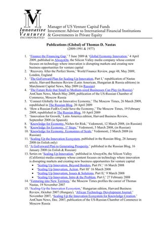 Publications (Global) Of Thomas D. Nastas
