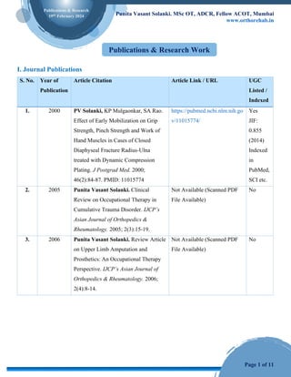 Publications & Research
19th
February 2024 Punita Vasant Solanki. MSc OT, ADCR, Fellow ACOT, Mumbai
www.orthorehab.in
Page 1 of 11
Publications & Research Work
I. Journal Publications
S. No. Year of
Publication
Article Citation Article Link / URL UGC
Listed /
Indexed
1. 2000 PV Solanki, KP Mulgaonkar, SA Rao.
Effect of Early Mobilization on Grip
Strength, Pinch Strength and Work of
Hand Muscles in Cases of Closed
Diaphyseal Fracture Radius-Ulna
treated with Dynamic Compression
Plating. J Postgrad Med. 2000;
46(2):84-87. PMID: 11015774
https://pubmed.ncbi.nlm.nih.go
v/11015774/
Yes
JIF:
0.855
(2014)
Indexed
in
PubMed,
SCI etc.
2. 2005 Punita Vasant Solanki. Clinical
Review on Occupational Therapy in
Cumulative Trauma Disorder. IJCP’s
Asian Journal of Orthopedics &
Rheumatology. 2005; 2(3):15-19.
Not Available (Scanned PDF
File Available)
No
3. 2006 Punita Vasant Solanki. Review Article
on Upper Limb Amputation and
Prosthetics: An Occupational Therapy
Perspective. IJCP’s Asian Journal of
Orthopedics & Rheumatology. 2006;
2(4):8-14.
Not Available (Scanned PDF
File Available)
No
 