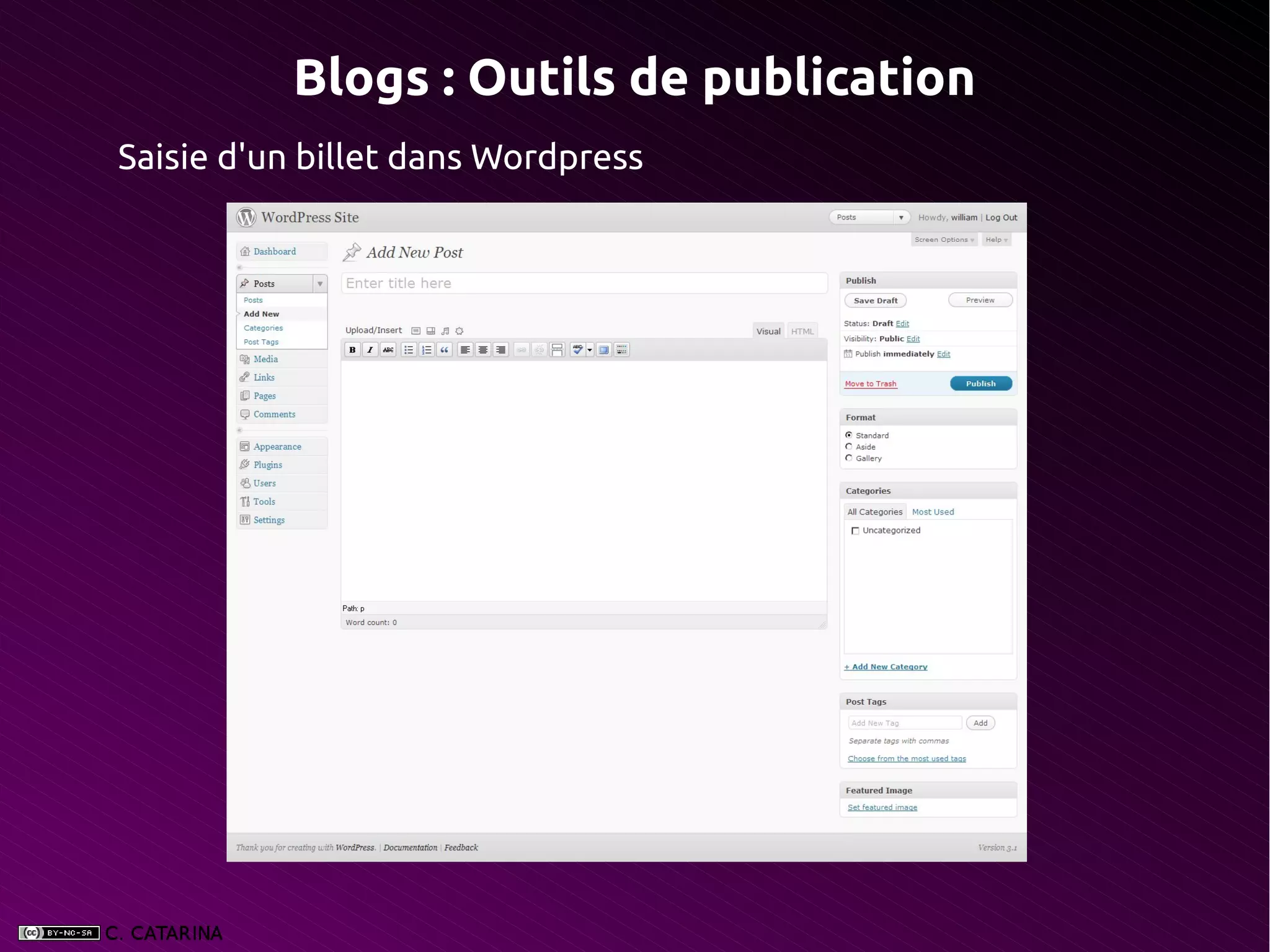 Blogs : Outils de publication
Saisie d'un billet dans Wordpress
 
