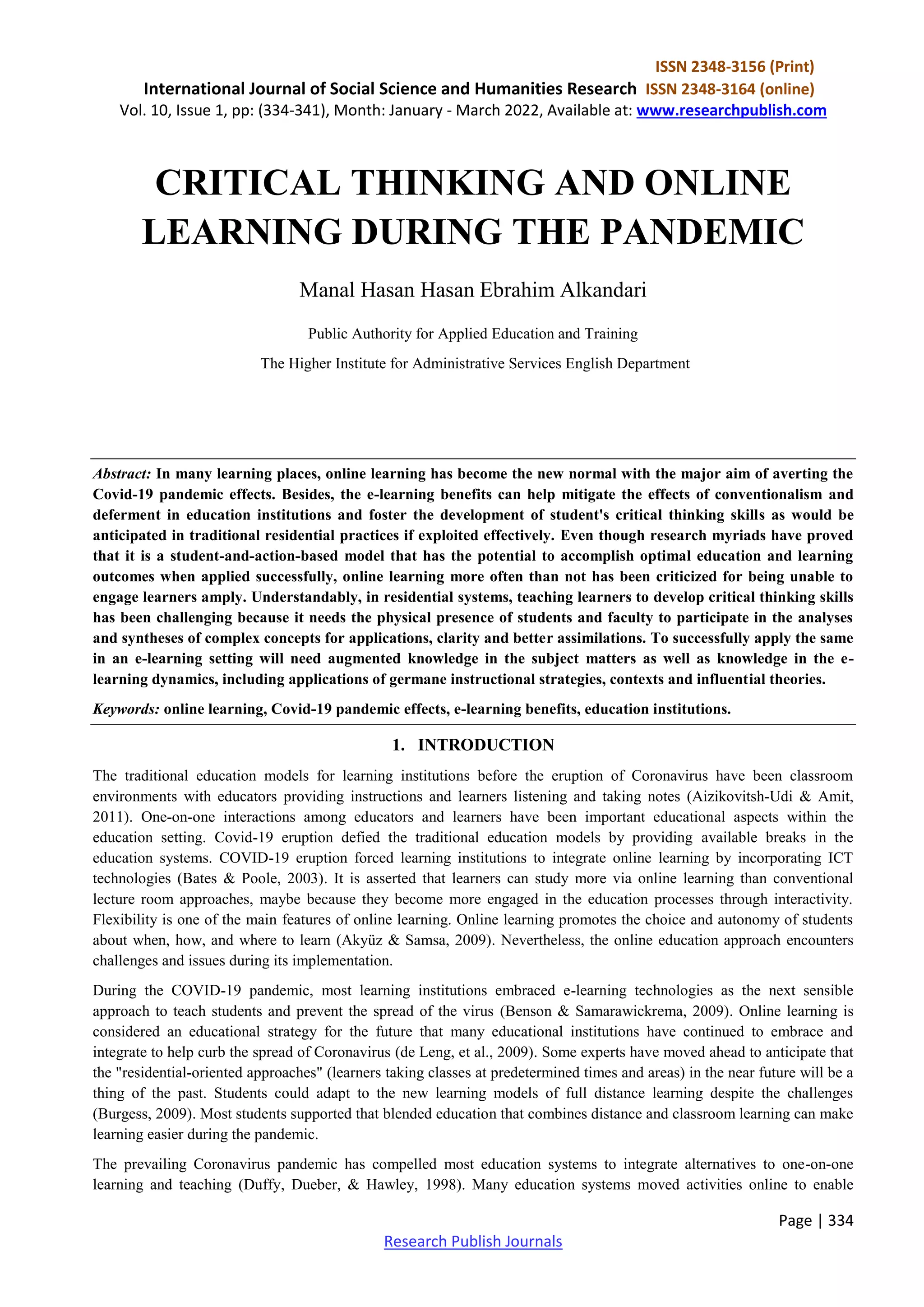 CRITICAL THINKING AND ONLINE LEARNING DURING THE PANDEMIC | PDF