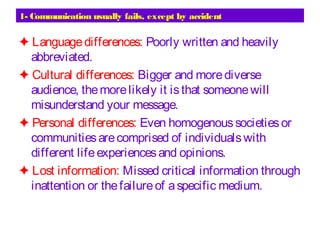 1- Communication usually fails, except by accident
✦ Languagedifferences: Poorly written and heavily
abbreviated.
✦ Cultural differences: Bigger and morediverse
audience, themorelikely it isthat someonewill
misunderstand your message.
✦ Personal differences: Even homogenoussocietiesor
communitiesarecomprised of individualswith
different lifeexperiencesand opinions.
✦ Lost information: Missed critical information through
inattention or thefailureof aspecific medium.
 
