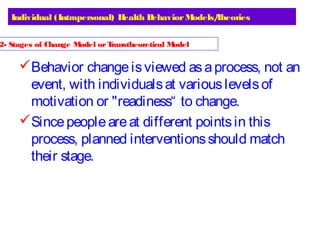 Individual (Intrapersonal) Health BehaviorModels/Theories
Behavior changeisviewed asaprocess, not an
event, with individualsat variouslevelsof
motivation or "readiness“ to change.
Sincepeopleareat different pointsin this
process, planned interventionsshould match
their stage.
2- Stages of Change Model orTranstheoretical Model 
 