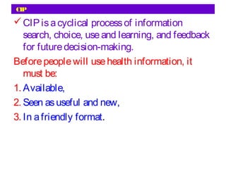 CIP
CIPisacyclical processof information
search, choice, useand learning, and feedback
for futuredecision-making.
Beforepeoplewill usehealth information, it
must be:
1. Available,
2. Seen asuseful and new,
3. In afriendly format.
 