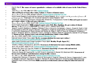 References
• Doll R, Peto R: The causes of cancer: quantitative estimates of avoidable risks of cancerin the United States
today.
• JNatlCancer Inst 1981, 66:1191-1308. PubMed Abstract 
•  Harvard Report on CancerPrevention. Volume 1: Causes of human cancer
• Cancer Causes Co ntro l 1996, 7(Suppl 1):S3-59. PubMed Abstract | Publisher Full Text 
• World Cancer Research Fund/American Institutefor Cancer Research: Fo o d, nutritio n and the preventio n o f cancer: A
glo bal perspective. Washington, DC: American Institutefor Cancer Research; 1997.
•  Colditz GA, Atwood KA, EmmonsK, Monson RR, Willett WC, TrichopoulosD, Hunter DJ:Harvard report on cancer
prevention volume 4: Harvard cancerrisk index.
• Cancer Causes Co ntro l 2000, 11:477-488. PubMed Abstract | Publisher Full Text 
• World Health Organization: WHO technical reports series 916. Diet, Nutrition, the prevention of chronic
disease. In Repo rt o f a jo int WHO/FAO Expert Co nsultatio n. Geneva: WHO; 2003. 
•  BoyleP, Autier P, Bartelink H, BaselgaJ, BoffettaP, Burn J, BurnsHJ, Christensen L, DenisL, Dicato M, Diehl V, Doll
R, Franceschi S, GillisCR, Gray N, GriciuteL, Hackshaw A, Kasler M, KogevinasM, Kvinnsland S, LaVecchiaC, Levi
F, McVieJG, MaisonneuveP, Martin-Moreno JM, Bishop JN, Oleari F, Perrin P, Quinn M, RichardsM, Ringborg U,
Scully C, SirackaE, Storm H, TubianaM, Tursz T, Veronesi U, Wald N, Weber W, ZaridzeDG, Zatonski W, zur Hausen
H: European Code Against Cancerand scientific justification: (third version 2003).
• Ann Onco l 2003, 14:973-1005. PubMed Abstract | Publisher Full Text 
• National Cancer Center Tokyo Japan: Twelve recommendations forcancerprevention. [
http://www.ncc.go.jp/jp/ncc-cis/pub/index/about.html] webcite
• Japan Health Promotion and FitnessFoundation Tokyo Japan: Healthy People Japan 21.[
http://www.kenkounippon21.gr.jp/] webcite
•  WardleJ, Waller J, Brunswick N, JarvisMJ: Awareness of risk factors forcanceramong British adults.
• Public Health 2001, 115:173-174. PubMed Abstract | Publisher Full Text 
•  Breslow RA, Sorkin JD, Frey CM, Kessler LG: American's knowledge of cancerrisk and survival.
• Prev Med 1997, 26:170-177. PubMed Abstract | Publisher Full Text 
•  PohlsUG, Renner SP, Fasching PA, Lux MP, KreisH, Ackermann S, Bender HG, Beckmann MW: Awareness of
breast cancerincidence and risk factors among healthy women.
• Eur JCancer Prev 2004, 13:249-256. PubMed Abstract | Publisher Full Text 
•  Keighley MR, O'Morain C, GiacosaA, Ashorn M, BurroughsA, Crespi M, Delvaux M, FaivreJ, Hagenmuller F, Lamy
V, Manger F, MillsHT, Neumann C, Nowak A, Pehrsson A, SmitsS, Spencer K, United European Gastroenterology
Federation Public AffairsCommittee: Public awareness of risk factors and screening forcolorectal cancerin
Europe.
 
