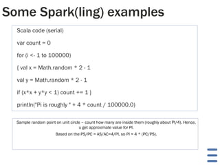 Some Spark(ling) examples
Scala code (serial)
var count = 0
for (i <- 1 to 100000)
{ val x = Math.random * 2 - 1
val y = Math.random * 2 - 1
if (x*x + y*y < 1) count += 1 }
println("Pi is roughly " + 4 * count / 100000.0)
Sample random point on unit circle – count how many are inside them (roughly about PI/4). Hence,
u get approximate value for PI.
Based on the PS/PC = AS/AC=4/PI, so PI = 4 * (PC/PS).
 