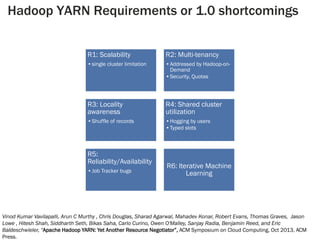 Hadoop YARN Requirements or 1.0 shortcomings46
R1: Scalability
•single cluster limitation
R2: Multi-tenancy
•Addressed by Hadoop-on-
Demand
•Security, Quotas
R3: Locality
awareness
•Shuffle of records
R4: Shared cluster
utilization
•Hogging by users
•Typed slots
R5:
Reliability/Availability
•Job Tracker bugs
R6: Iterative Machine
Learning
Vinod Kumar Vavilapalli, Arun C Murthy , Chris Douglas, Sharad Agarwal, Mahadev Konar, Robert Evans, Thomas Graves, Jason
Lowe , Hitesh Shah, Siddharth Seth, Bikas Saha, Carlo Curino, Owen O'Malley, Sanjay Radia, Benjamin Reed, and Eric
Baldeschwieler, “Apache Hadoop YARN: Yet Another Resource Negotiator”, ACM Symposium on Cloud Computing, Oct 2013, ACM
Press.
 