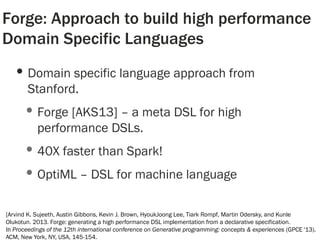 51
•Domain specific language approach from
Stanford.
•Forge [AKS13] – a meta DSL for high
performance DSLs.
•40X faster than Spark!
•OptiML – DSL for machine language
Forge: Approach to build high performance
Domain Specific Languages
[Arvind K. Sujeeth, Austin Gibbons, Kevin J. Brown, HyoukJoong Lee, Tiark Rompf, Martin Odersky, and Kunle
Olukotun. 2013. Forge: generating a high performance DSL implementation from a declarative specification.
In Proceedings of the 12th international conference on Generative programming: concepts & experiences (GPCE '13).
ACM, New York, NY, USA, 145-154.
 