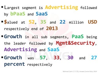 Largest segment is Advertising followed by bPaaS and SaaS 
$alued at 52, 35 and 22 million USD respectively end of 2013 
Growth in all sub segments, PaaS being the leader followed by Mgmt&Security, Advertising and SaaS 
Growth was 57, 33, 30 and 27 percent respectively 
Mehmet Cetin (买买提), Huawei Central Asia, 2014  