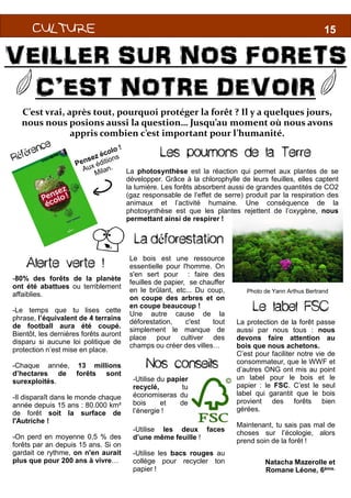 CULTURECULTURECULTURECULTURECULTURECULTURECULTURECULTURECULTURECULTURECULTURECULTURE
R
VEILLER SUR NOS FORETS
C’EST NOTRE DEVOIR
C’est vrai, après tout, pourquoi protéger la forêt ? Il y a quelques jours,
nous nous posions aussi la question… Jusqu’au moment où nous avons
appris combien c’est important pour l’humanité.
Les poumons de la Terre
La déforestation
La photosynthèse
développer. Grâce
la lumière. Les forêts
(gaz responsable
animaux et l’activité
photosynthèse
permettant ainsi
u
R
Alerte verte !
-80% des forêts de la planète
ont été abattues ou terriblement
affaiblies.
-Le temps que tu lises cette
phrase, l’équivalent de 4 terrains
de football aura été coupé.
Bientôt, les dernières forêts auront
disparu si aucune loi politique de
protection n’est mise en place.
-Chaque année, 13 millions
d’hectares de forêts sont
surexploités.
-Il disparaît dans le monde chaque
année depuis 15 ans : 80.000 km²
de forêt soit la surface de
l'Autriche !
-On perd en moyenne 0,5 % des
forêts par an depuis 15 ans. Si on
gardait ce rythme, on n'en aurait
plus que pour 200 ans à vivre…
Le bois est
essentielle pour
s'en sert pour
feuilles de papier,
en le brûlant,
on coupe des
en coupe beaucoup
Une autre
déforestation,
simplement le
place pour
champs ou créer
Nos conseils
-Utilise du papier
recyclé,
économiseras
bois et
l’énergie !
-Utilise les
d’une même
-Utilise les bacs
collège pour
papier !
18
1815
VEILLER SUR NOS FORETS
C’EST NOTRE DEVOIR
C’est vrai, après tout, pourquoi protéger la forêt ? Il y a quelques jours,
nous nous posions aussi la question… Jusqu’au moment où nous avons
appris combien c’est important pour l’humanité.
Les poumons de la Terre
forestation
photosynthèse est la réaction qui permet aux plantes de se
Grâce à la chlorophylle de leurs feuilles, elles captent
forêts absorbent aussi de grandes quantités de CO2
responsable de l’effet de serre) produit par la respiration des
l’activité humaine. Une conséquence de la
est que les plantes rejettent de l’oxygène, nous
ainsi de respirer !
u
Natacha Mazerolle et
Romane Léone, 6ème.
une ressource
pour l'homme. On
pour : faire des
papier, se chauffer
etc... Du coup,
des arbres et on
beaucoup !
cause de la
c'est tout
le manque de
cultiver des
créer des villes…
La protection de la forêt passe
aussi par nous tous : nous
devons faire attention au
bois que nous achetons.
C’est pour faciliter notre vie de
consommateur, que le WWF et
d’autres ONG ont mis au point
un label pour le bois et le
papier : le FSC. C’est le seul
label qui garantit que le bois
provient des forêts bien
gérées.
Maintenant, tu sais pas mal de
choses sur l’écologie, alors
prend soin de la forêt !
Le label FSC
Photo de Yann Arthus Bertrand
Nos conseils
papier
tu
économiseras du
de
deux faces
feuille !
bacs rouges au
pour recycler ton
 