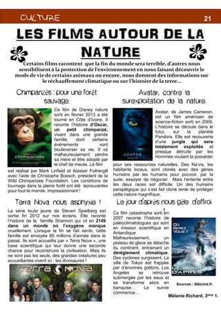 CULTURECULTURECULTURECULTURECULTURECULTURECULTURECULTURECULTURECULTURECULTURECULTURE
LES FILMS AUTOUR DE LA
NATURE
Certains films racontent que la fin du monde sera terrible, d’autres nous
sensibilisent à la protection de l’environnement en nous faisant découvrir le
mode de vie de certains animaux ou encore, nous donnent des informations sur
le réchauffement climatique ou sur l’histoire de la terre…
C
Chimpanzés : pour une forêt
sauvage.
Ce film de Disney nature
sorti en février 2013 a été
tourné en Côte d’Ivoire. Il
raconte l’histoire d’Oscar,
un petit chimpanzé,
vivant dans une grande
famille, dont certains
événements vont
bouleverser sa vie. Il va
malheureusement perdremalheureusement perdre
sa mère et être adopté par
le chef de meute. Le film
Terra Nova nous asphyxie !
La série toute jeune de Steven Spielberg est
sortie fin 2012 sur nos écrans. Elle raconte
l’histoire de la famille Shannon qui vit en 2149
dans un monde où l’oxygène manque
cruellement. Lorsque la fin se fait sentir, cette
famille est envoyée 85 millions d’année dans le
passé. Ils sont accueillis par « Terra Nova », une
base scientifique qui leur donne une seconde
chance pour reconstruire la civilisation. Mais ils
ne sont pas les seuls, des grandes créatures peu
accueillantes vivent ici : les dinosaures !
est réalisé par Mark Linfield et Alastair Fothergill
avec l’aide de Christophe Boesch, président de la
Wild Chimpanzee Foundation. Les conditions de
tournage dans la pleine forêt ont été éprouvantes
pour tout le monde. Impressionnant !
18
1821
LES FILMS AUTOUR DE LA
NATURE
Certains films racontent que la fin du monde sera terrible, d’autres nous
sensibilisent à la protection de l’environnement en nous faisant découvrir le
mode de vie de certains animaux ou encore, nous donnent des informations sur
le réchauffement climatique ou sur l’histoire de la terre…
C
Avatar, de James Cameron,
est un film américain de
science-fiction sorti en 2009.
L’histoire se déroule dans le
futur, sur la planète
Pandora. Elle est recouverte
d’une jungle qui sera
totalement exploitée et
presque détruite par les
Hommes voulant la posséder
Avatar, contre la
surexploitation de la nature.
Mélanie Richard, 3ème 1.
Hommes voulant la posséder
pour ses ressources naturelles. Des Na’vis, les
habitants locaux, sont clonés avec des gènes
humains par les humains pour pouvoir, par la
suite, essayer de négocier. Mais l’entente entre
les deux races est difficile. Un des humains
paraplégique qui s’est fait cloné tente de protéger
cette nature magnifique.
Le jour d’après nous gèle d’effroi
!Ce film catastrophe sorti en
2007 raconte l’histoire de
paléoclimatologues qui sont
en mission scientifique en
Antarctique.
Malheureusement, un
plateau de glace se détache
du continent, entrainant un
dérèglement climatique.
Des cyclones surgissent, La
ville de Tokyo est frappée
par d’énormes grêlons, Los
Angeles se retrouve
submergée par les eaux et
se transforme alors en
banquise… La survie
commence…
Sources : Allociné.fr
 