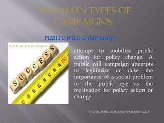 TWO MAIN TYPES OF
CAMPAIGNS:
attempt to mobilize public
action for policy change. A
public will campaign attempts
to legitimize or raise the
importance of a social problem
in the public eye as the
motivation for policy action or
change
EVALUATE EFFECTIVENESS
BY: CHELDY SYGACO ELUMBA-PABLEO; MPA,LLB
 