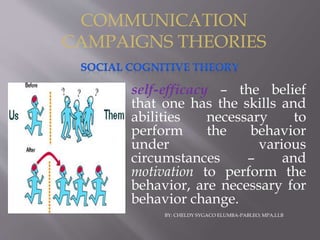 COMMUNICATION
CAMPAIGNS THEORIES
self-efficacy – the belief
that one has the skills and
abilities necessary to
perform the behavior
under various
circumstances – and
motivation to perform the
behavior, are necessary for
behavior change.
BY: CHELDY SYGACO ELUMBA-PABLEO; MPA,LLB
 