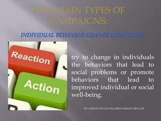 TWO MAIN TYPES OF
CAMPAIGNS:
try to change in individuals
the behaviors that lead to
social problems or promote
behaviors that lead to
improved individual or social
well-being.
BY: CHELDY SYGACO ELUMBA-PABLEO; MPA,LLB
 