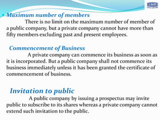  Maximum number of members
          There is no limit on the maximum number of member of
  a public company, but a private company cannot have more than
  fifty members excluding past and present employees.

   Commencement of Business
            A private company can commence its business as soon as
 it is incorporated. But a public company shall not commence its
 business immediately unless it has been granted the certificate of
 commencement of business.


   Invitation to public
            A public company by issuing a prospectus may invite
 public to subscribe to its shares whereas a private company cannot
 extend such invitation to the public.
 