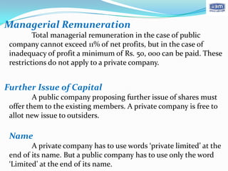 Managerial Remuneration
         Total managerial remuneration in the case of public
 company cannot exceed 11% of net profits, but in the case of
 inadequacy of profit a minimum of Rs. 50, 000 can be paid. These
 restrictions do not apply to a private company.


Further Issue of Capital
         A public company proposing further issue of shares must
 offer them to the existing members. A private company is free to
 allot new issue to outsiders.

 Name
        A private company has to use words ‘private limited’ at the
 end of its name. But a public company has to use only the word
 ‘Limited’ at the end of its name.
 