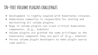In-tree volume plugins challenges
● Development is tightly coupled with Kubernetes releases.
● Kubernetes community is responsible for testing and
maintaining all volume plugins.
● Bugs in volume plugins can crash critical Kubernetes
components. (E.g., kubelet)
● Volume plugins are granted the same privileges as the
kubernetes component they are part of (E.g., kubelet)
● Forces volume plugin developers to make plugin source
code public.
 
