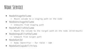 Node Service
● NodeStageVolume
○ Mount volume to a staging path on the node
● NodeUnstageVolume
○ Unmounts from staging path
● NodePublishVolume
○ Mount the volume to the target path on the node (bind-mount)
● NodeUnpublishVolume
○ Unmount from target path
● NodeGetId
○ Node identifier - for iSCSI - IQN
● NodeGetCapabilities
 