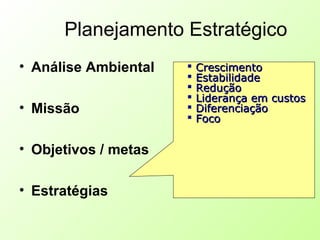 Planejamento Estratégico
• Análise Ambiental
• Missão
• Objetivos / metas
• Estratégias
 CrescimentoCrescimento
 EstabilidadeEstabilidade
 ReduçãoRedução
 Liderança em custosLiderança em custos
 DiferenciaçãoDiferenciação
 FocoFoco
 