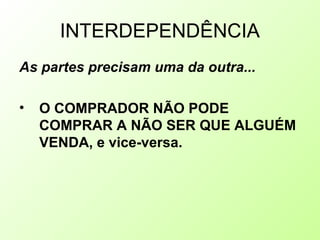 INTERDEPENDÊNCIA
As partes precisam uma da outra...
• O COMPRADOR NÃO PODE
COMPRAR A NÃO SER QUE ALGUÉM
VENDA, e vice-versa.
 