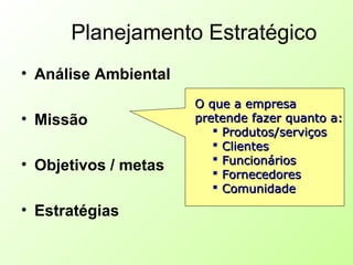 Planejamento Estratégico
• Análise Ambiental
• Missão
• Objetivos / metas
• Estratégias
O que a empresaO que a empresa
pretende fazer quanto a:pretende fazer quanto a:
 Produtos/serviçosProdutos/serviços
 ClientesClientes
 FuncionáriosFuncionários
 FornecedoresFornecedores
 ComunidadeComunidade
 