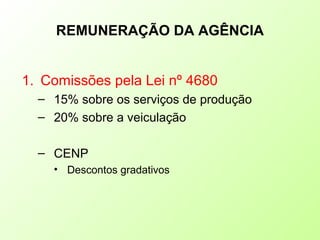 REMUNERAÇÃO DA AGÊNCIA
1. Comissões pela Lei nº 4680
– 15% sobre os serviços de produção
– 20% sobre a veiculação
– CENP
• Descontos gradativos
 