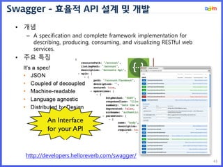 Swagger - 효율적 API 설계 및 개발
43
• 개념
– A specification and complete framework implementation for
describing, producing, consuming, and visualizing RESTful web
services.
• 주요 특징
http://developers.helloreverb.com/swagger/
 