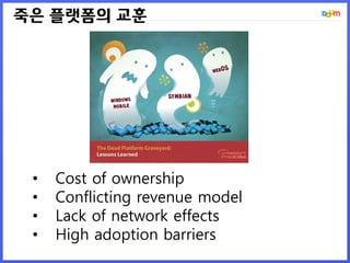 죽은 플랫폼의 교훈
• Cost of ownership
• Conflicting revenue model
• Lack of network effects
• High adoption barriers
 