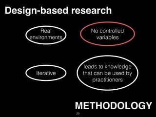 METHODOLOGY
Iterative
Real
environments
No controlled
variables
leads to knowledge
that can be used by
practitioners
Design-based research
29
 