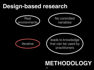 METHODOLOGY
Iterative
Real
environments
No controlled
variables
leads to knowledge
that can be used by
practitioners
Design-based research
30
 