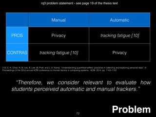 “Therefore, we consider relevant to evaluate how
students perceived automatic and manual trackers.”
Problem72
rq3 problem statement - see page 19 of the thesis text
Manual Automatic
PROS Privacy tracking fatigue [10]
CONTRAS tracking fatigue [10] Privacy
[10] E. K. Choe, N. B. Lee, B. Lee, W. Pratt, and J. A. Kientz. “Understanding quantiﬁed-selfers’ practices in collecting and exploring personal data”. In:
Proceedings of the 32nd annual ACM conference on Human factors in computing systems . ACM. 2014, pp. 1143–1152.
 
