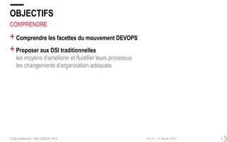 COMPRENDRE
+Comprendre les facettes du mouvement DEVOPS
+Proposer aux DSI traditionnelles
les moyens d’améliorer et fluidifier leurs processus
les changements d’organisation adéquats
OBJECTIFS
<V1.0> - <11 février 2016>© SQLI Enterprise – SQLI GROUP | 2015 4
 