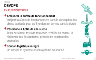 ENJEUX INDUSTRIELS
+Améliorer la sûreté de fonctionnement
Intégrer la sûreté de fonctionnement dans la conception des
objets fabriqués pour qu’il rendent un service dans la durée
+Résilience = Aptitude à la survie
Tests de sûreté, tests de résilience : vérifier en continu la
résilience des équipements, process en injectant des
anomalies
+Soutien logistique intégré
On conçoit le système et son système de soutien
DEVOPS
<V1.0> - <11 février 2016>© SQLI Enterprise – SQLI GROUP | 2015 7
 