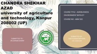 CHANDRA SHEKHAR
AZAD
university of agriculture
and technology, Kanpur
208002 (UP)
COURSE TITLE : AGRIBUSINESS
ENVIRONMENT &POLICY
COURSE NO : ABM 502
SUBMITTED TO :
DR.ZAINAB SHARIF
SUBMITTED BY :
AJAY KUMAR RATHORE
CA-11657/20
CSA CA-11657/20 AJAY
 