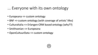 ... Everyone with its own ontology 
• Europeana => custom ontology 
• BNF => custom ontology (with coverage of artists’ lifes) 
• CulturaItalia => Erlangen-CRM based ontology (why??) 
• Smithsonian => Europeana 
• OpenCultuurData => custom ontology 
 
 