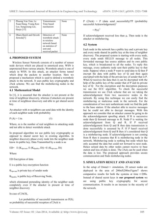IJRET: International Journal of Research in Engineering and Technology eISSN: 2319-1163 | pISSN: 2321-7308
_______________________________________________________________________________________
Volume: 03 Issue: 01 | Jan-2014, Available @ http://www.ijret.org 105
5 Phuong Van Tran, Le
Xuan Hung, Young Koo
Lee, Sungyoung Lee,
Heejo [15]
Transmission
Time based
mechanism
None
6 Dhara Butch and Devesh
Jinwala[7]
Detection of
wormhole attack
in wireless
network based
on statistics of
sent and
received packet
None
4. PROPOSED SYSTEM
Wireless Sensor Network consists of a number of sensor
node devices which are placed in unnoticed area. WSN is
unprotected from various attacks. Wormhole attack is one of
attack in WSN. In this attack, an attacker forms tunnel
which drop the packets to another location. Here we
proposed a mechanism which is used to defend a wormhole
attack in the network. It uses public key cryptography and
2Ack scheme. We can find the misbehaving nodes in the
network.
4.1 Mathematical Model
In [1], it is assumed that the attacker is not present at the
time of neighbour discovery, whereas if attackers are present
at time of neighbour discovery and able to get shared secret
key.
An attacker with m neighbors can send data with the identity
of each neighbor node with probability
P (A) = 1/m (1)
Where, m is the number of real neighbors to attacking node
and not able to detect wormhole attack
In proposed algorithm we use public key cryptography as
opposed to shared secret key in existing algorithm. In
neighbor discovery phase every node lets the neighbor node
know its public key. Data Transmitted by a node is as
ED= E (KSprivate, E (KRpublic, D)) +E (KSprivate, Di)
Where
ED Encryption of data
E is a public key encryption function
KSprivate is private key of sender node
KRpublic is public key of Receiving Node,
which eliminated pretending identity of the neighbor node
completely even if the attacker in present at time of
neighbor discovery
In case of 2ACK,
Let probability of successful transmission as P(S),
so probability of successful reception of 2Ack is
P (2Ack) = P (data send successfully)*P (probability
successful Acknowledgement)2
= P(s) 3
If acknowledgment received less than µ, Then node is the
attacker or misbehaving.
4.2 System
Each node in the network has a public key and a private key
and every node shared its public key at the time of neighbor
discovery. The proposed system is starting with every node,
every node sends HELLO message to all nodes. This
forwarded message has source address and its own public
key, which is broadcasted to all the nodes. To reply this
message, every authentic node sent their public key to that
node. Suppose when a node P want to send data to Q then P
encrypt the data with public key of Q and then again
encrypted with the help of the private key of sender that is P.
When Q receives the data then it can be decrypted with the
help of the public key of the sender that of P and its private
key of Q. For the encryption and the decryption purposes
we use the ECC algorithm. To check the successful
transmission we use 2Ack scheme that are we taking the
acknowledgement from two successive nodes in the
network. By using this technique we can easily find the
misbehaving or malicious node in the network. For the
consideration of two next authenticate node we find the path
to the base station. If the attacker able to receive messages
but he could not able to decrypt messages. With this
approach we consider that an attacker cannot be going to do
the acknowledgement spoofing attack. If R is successive
node then Q forward message to R. Node P is waiting for
acknowledgement from Q and R. If P received
acknowledgement from Q and R then data transmission is
done successfully is assumed by P. If P hasn't received
acknowledgement from Q and R then it’s considered that Q
is a misbehaving node. If acknowledgement is not coming
from R then it assumes that R is misbehaving node in the
network. Misbehaving node is nothing but node which has
only accepted the data but could not forward to next node.
Hence sensed data by other nodes cannot receive to base
station and loss of data is done. The 2Ack can be used when
the data is lost. The proposed approach provides secure
communication and finds misbehaving nodes.
5. SIMULATION RESULT AND ANALYSIS
In the setup of Omnet++ simulation, 20 sensor nodes are
deployed in the area of 200mX200m.Figure7 shows
comparative results for both the systems at time t=200s.
Instead of shared secret keys in our proposed system we
are using public key cryptography for secure
communication. It results in an increase in the security of
the network.
 