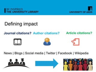 Defining impact
Journal citations? Article citations?Author citations?
News | Blogs | Social media | Twitter | Facebook | ...