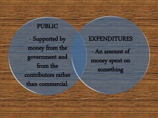 PUBLIC
- Supported by
money from the
government and
from the
contributors rather
than commercial.
EXPENDITURES
- An amount of
money spent on
something
 