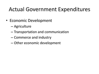 Actual Government Expenditures
• Economic Development
  – Agriculture
  – Transportation and communication
  – Commerce and industry
  – Other economic development
 