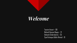 Welcome
Tasnim Ansari – 09
Mehedi Hassan Bappy – 21
Debanik Chakraborty – 25
Syed Istiaque Uddin Ahmed - 31
 