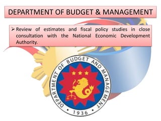 DEPARTMENT OF BUDGET & MANAGEMENT
Review of estimates and fiscal policy studies in close
consultation with the National Economic Development
Authority.
 