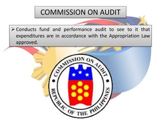 COMMISSION ON AUDIT
Conducts fund and performance audit to see to it that
expenditures are in accordance with the Appropriation Law
approved.
 