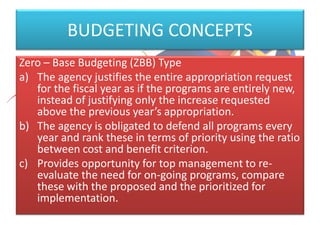BUDGETING CONCEPTS
Zero – Base Budgeting (ZBB) Type
a) The agency justifies the entire appropriation request
for the fiscal year as if the programs are entirely new,
instead of justifying only the increase requested
above the previous year’s appropriation.
b) The agency is obligated to defend all programs every
year and rank these in terms of priority using the ratio
between cost and benefit criterion.
c) Provides opportunity for top management to re-
evaluate the need for on-going programs, compare
these with the proposed and the prioritized for
implementation.
 