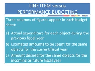 LINE ITEM versus
PERFORMANCE BUDGETING
Three columns of figures appear in each budget
sheet:
a) Actual expenditure for each object during the
previous fiscal year
b) Estimated amounts to be spent for the same
objects for the current fiscal year
c) Amount desired for the same objects for the
incoming or future fiscal year
 